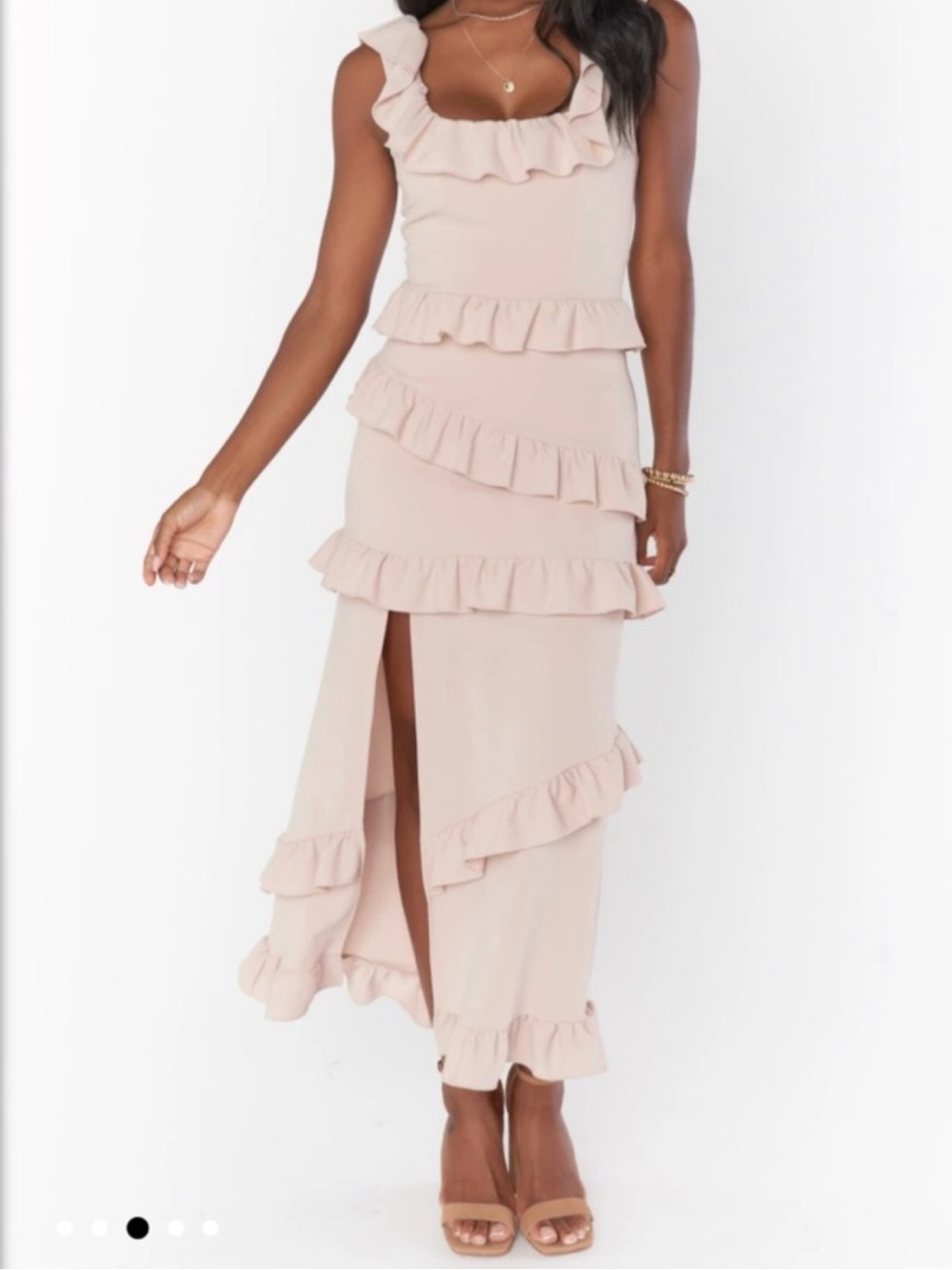 NWT! Show Me Your MuMu Greta in Blush Ruffle-Trim Midi Dress - Picture 3 of 5